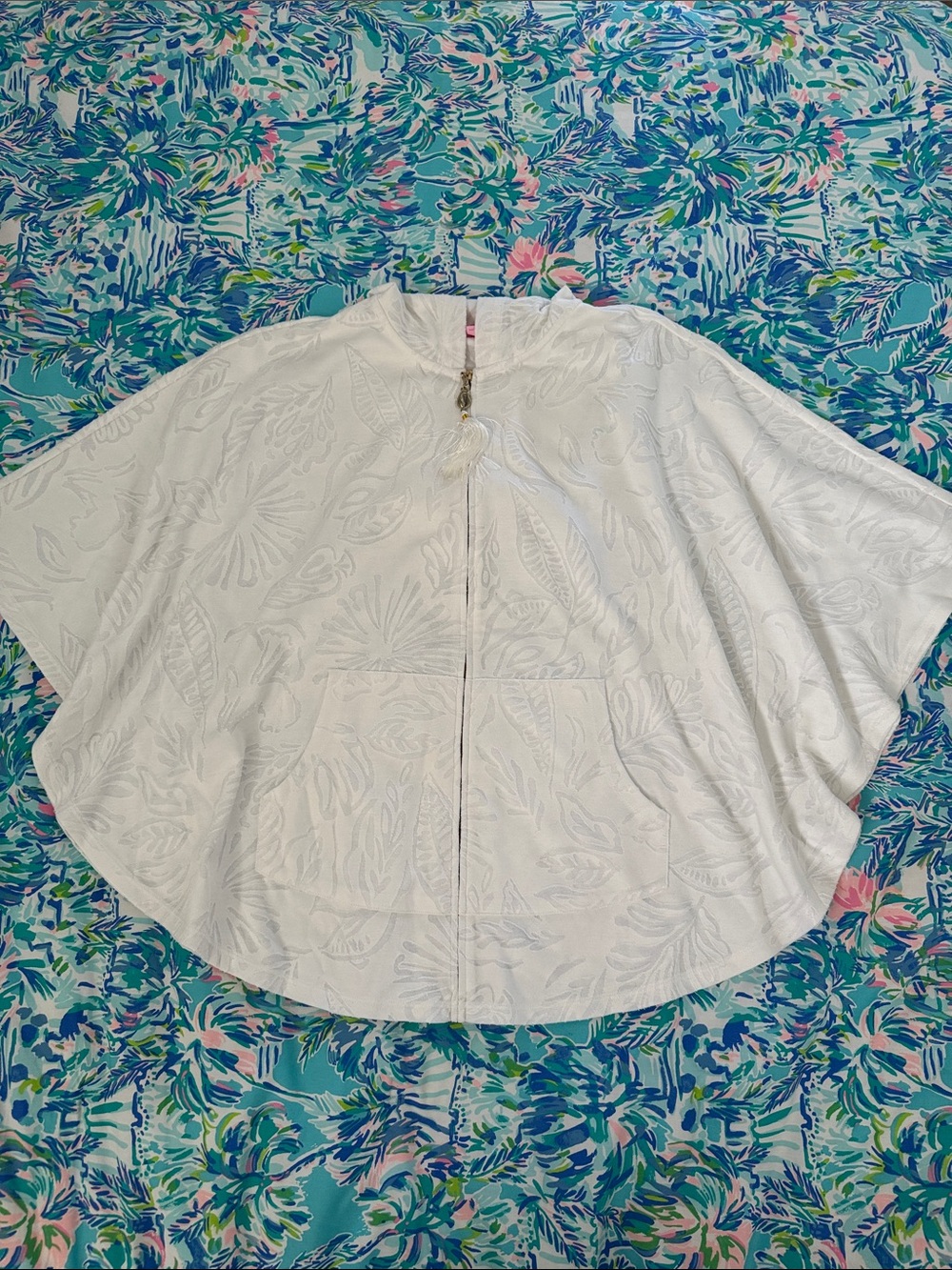 White Lilly Pulitzer Cover-up Poncho with Tassel Zipper